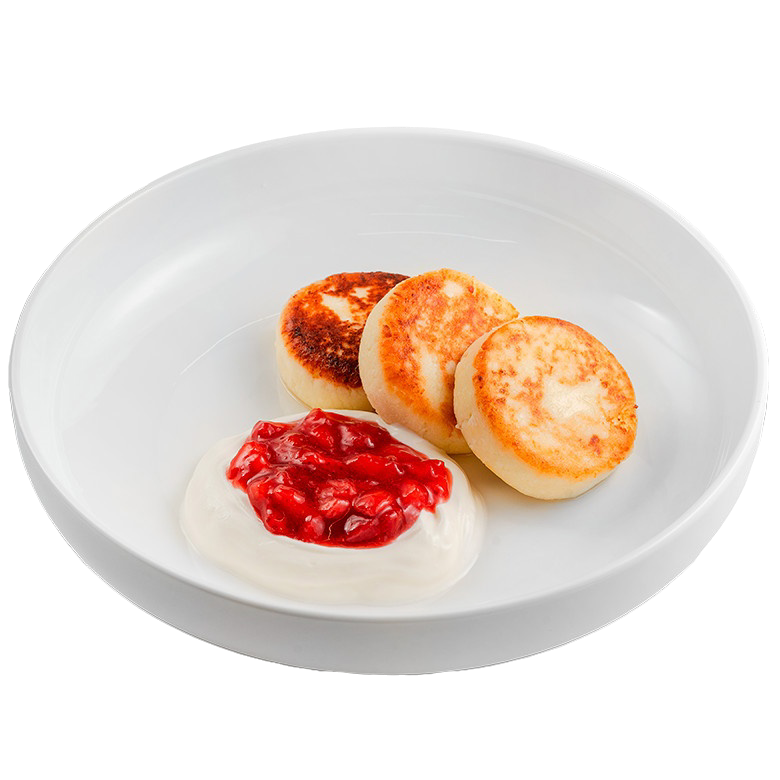 Сырники со сметаной и клубничным компоте